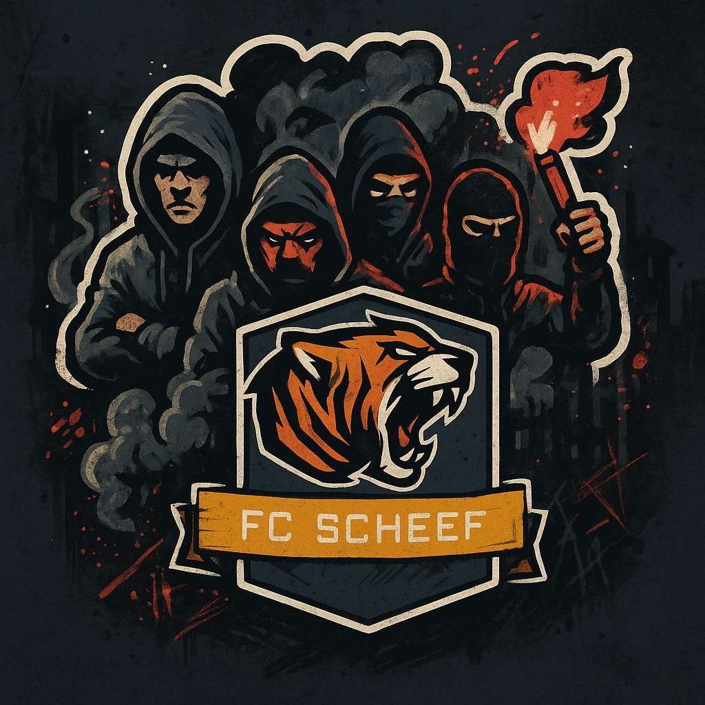 Getekende ultras met fakkel achter het FC Scheef-logo